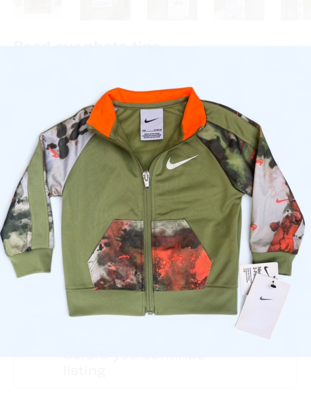 NWT Nike kids Olive Green camouflage Jacket playtime spring 12 months